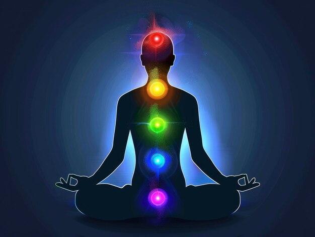 Photo une illustration de la figure humaine dans la pose du lotus avec des chakras brillants