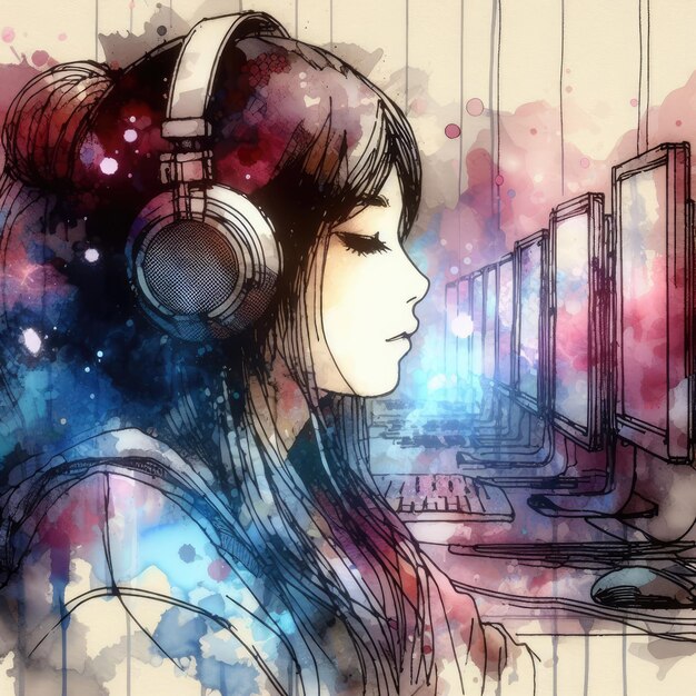Illustration d'une fille asiatique portant des écouteurs avec une IA générative