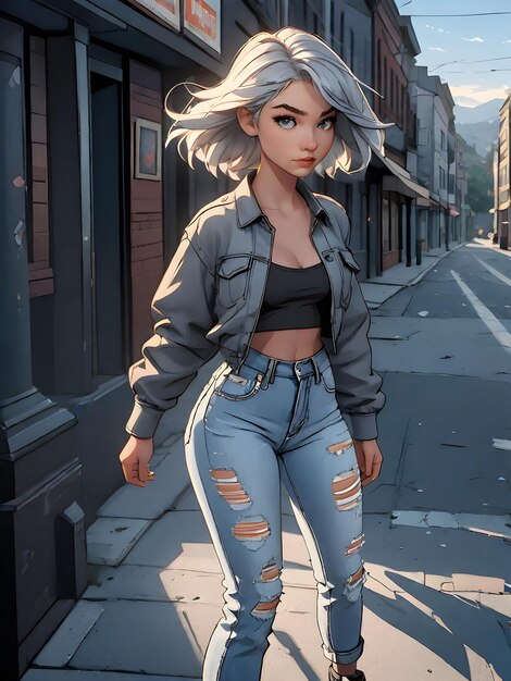 illustration Fille aux cheveux gris portant une chemise décontractée Jeans déchirés marchant dans une rue de la ville ai gen