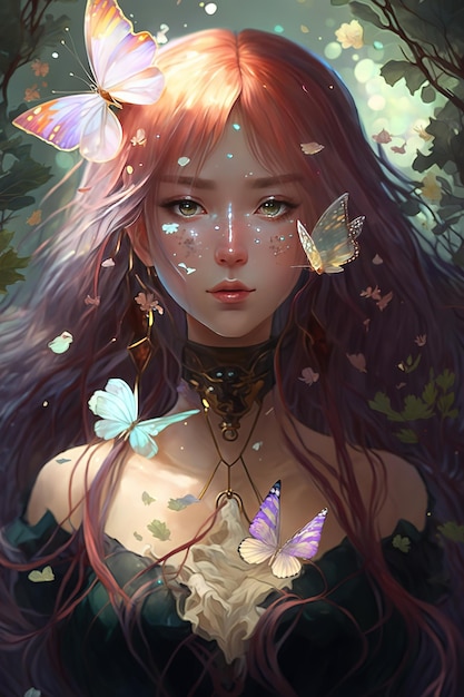 Illustration d'une fille aux cheveux longs yeux bleus et entourée de papillons colorés