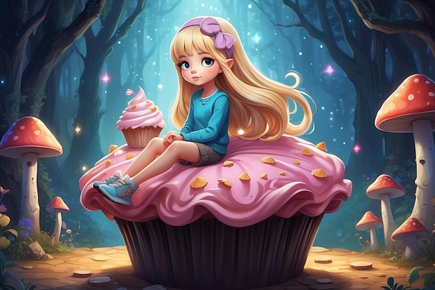 Illustration d'une fille aux longs cheveux blonds assise dans une pose réfléchie sur un énorme cupcake ressemblant