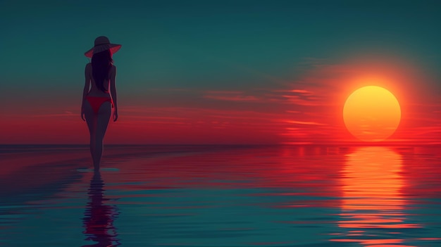 Une illustration d'une fille avec un chapeau marchant le long du rivage de l'océan dans une palette pastel au coucher du soleil à l'aube