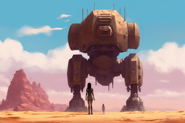 Illustration d'une fille dans le désert sur le fond d'un énorme robot IA générative