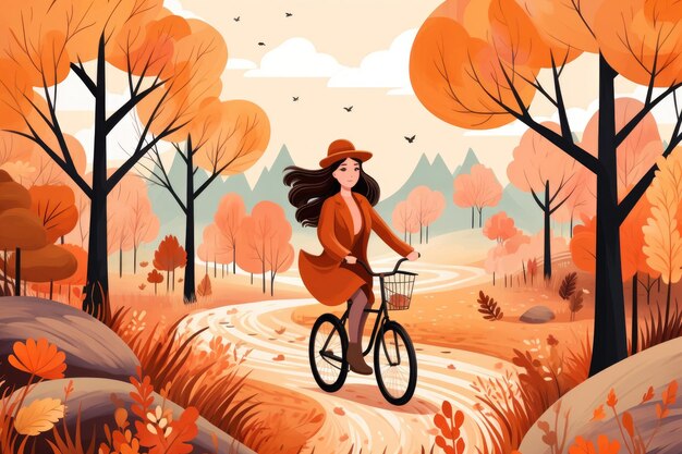 Illustration d'une fille faisant du vélo dans le parc d'automne dans les montagnes