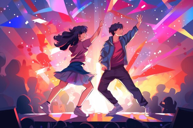 Illustration d'une fille et d'un garçon dansant lors d'une soirée rave au néon