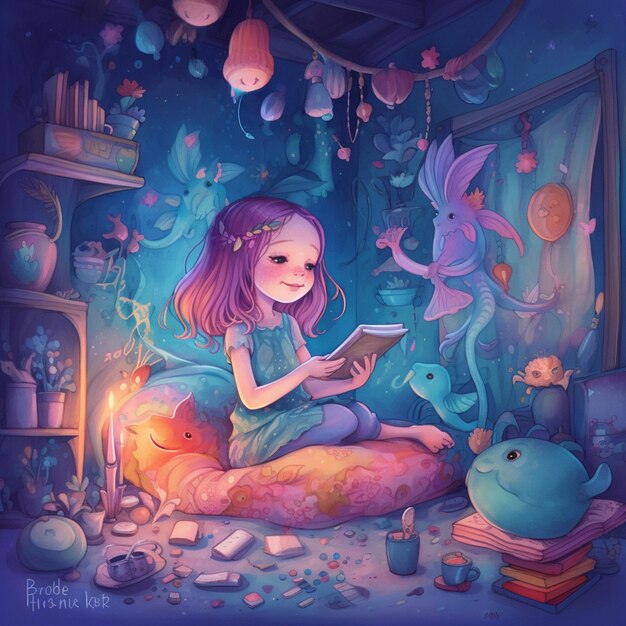 illustration d'une fille lisant un livre dans une pièce avec beaucoup de jouets