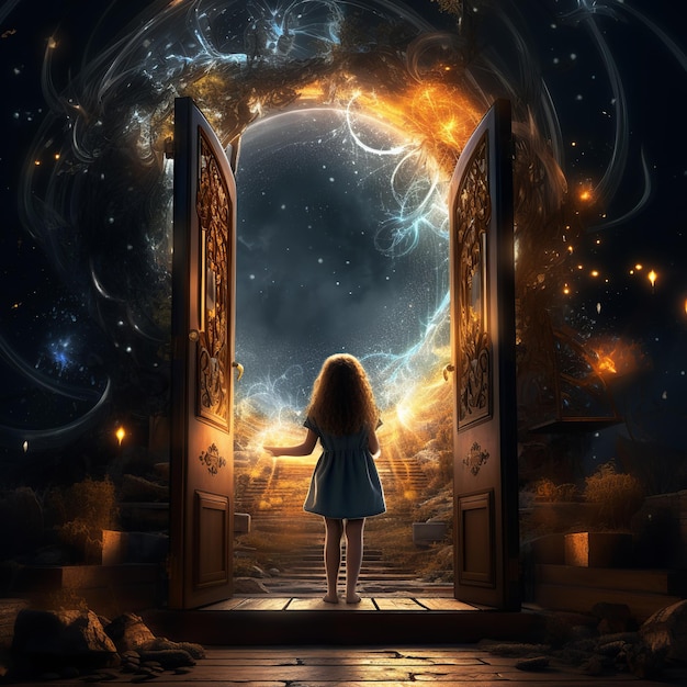 illustration d'une fille ouvre la porte faite par un livre le livre est lumino