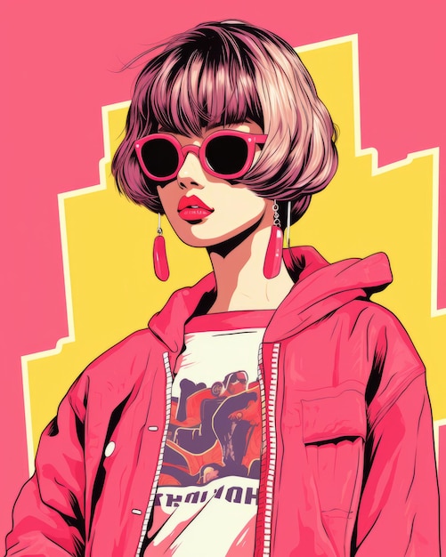 une illustration d'une fille portant des lunettes de soleil et une veste rose