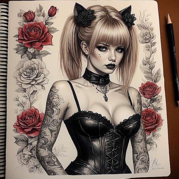 Illustration d'une fille avec des queues de cochon, des tatouages, un corset et des fleurs en arrière-plan