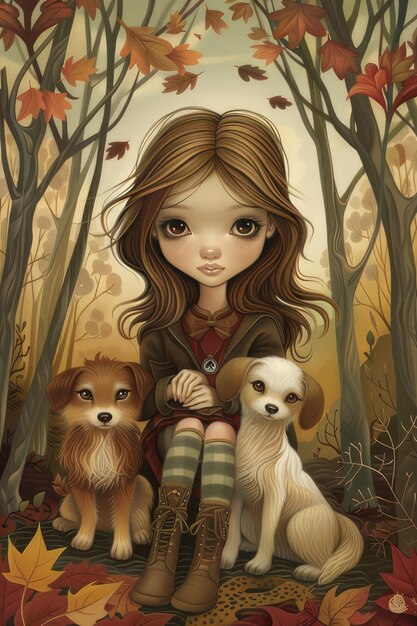 Photo illustration d'une fille et de ses chiots