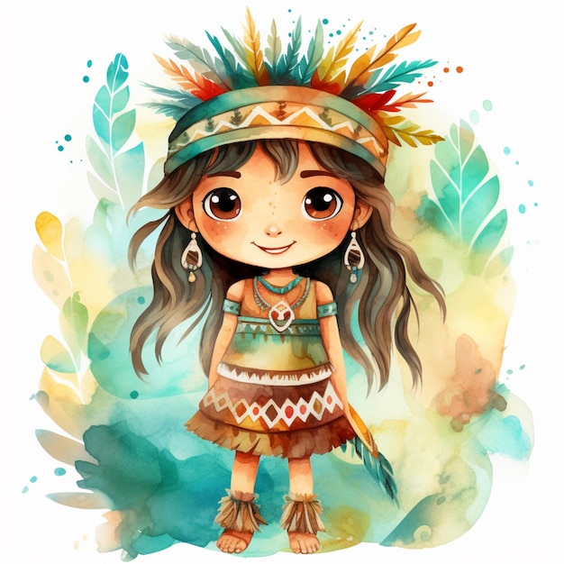 illustration d'une fille vêtue de vêtements et de plumes amérindiennes