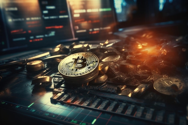 Photo illustration financière futuriste bitcoin et visualisation des données de marché fluctuantes