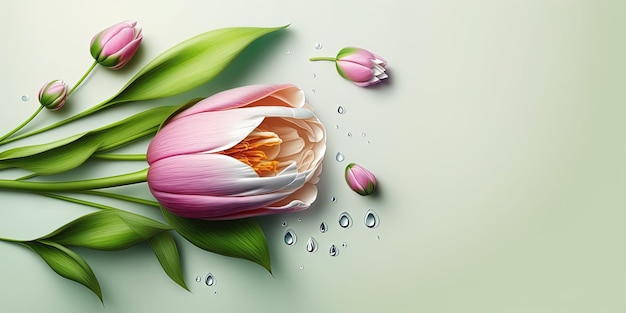 Illustration de fleur réaliste d'une tulipe en fleurs et de feuilles vertes