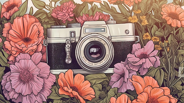 Une illustration fleurie colorée d'un appareil photo avec un appareil photo noir dessus