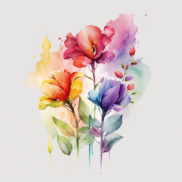 Illustration de fleurs arc-en-ciel aquarelle isolée sur fond blanc Fleurs sauvages colorées