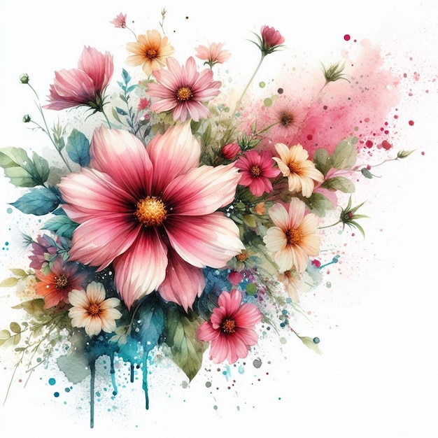 Photo illustration de fleurs à éclaboussure en aquarelle