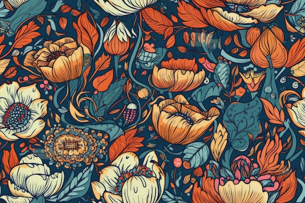 Illustration de fleurs et de feuilles orange sur fond bleu créées avec la technologie Generative AI