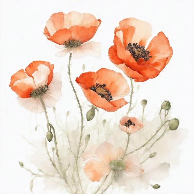 Illustration de fleurs de pavot dans le style de l'aquarelle sur fond blanc