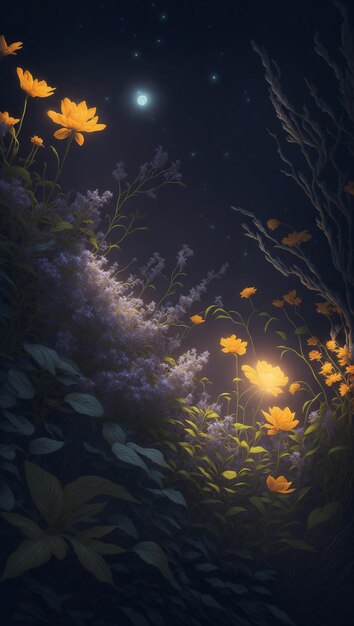 Illustration de fleurs rougeoyantes dans une scène de nuit mystique
