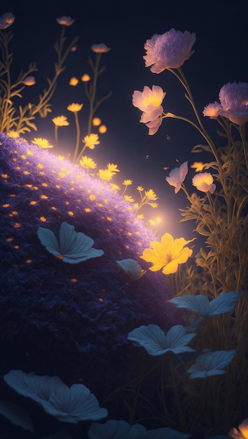 Illustration de fleurs rougeoyantes dans une scène de nuit mystique