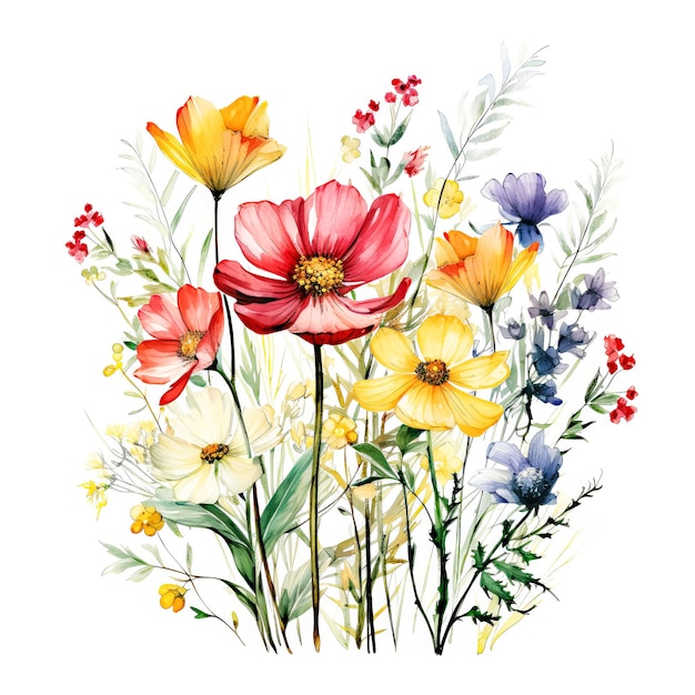 Illustration de fleurs sauvages aquarelle isolée sur fond blanc