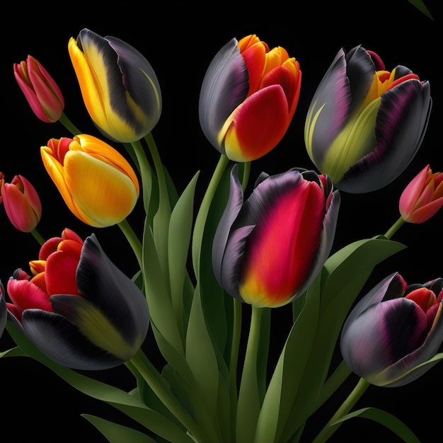 Illustration de fleurs de tulipes réalistes conception verticale transparente sur fond noir isolé