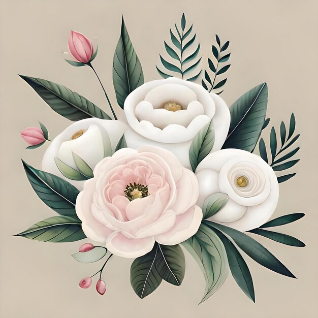 Illustration florale à l'aquarelle Bouquet de fleurs blanches rose pioie vert IA générative