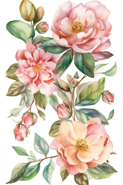 Une illustration florale d'un bouquet de fleurs avec des feuilles et des fleurs.