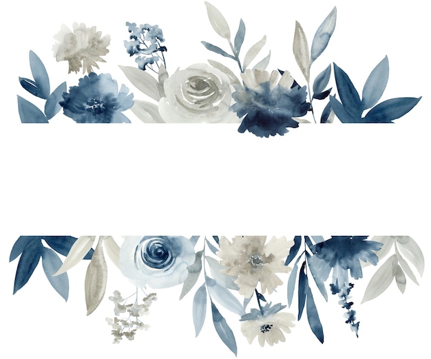 Illustration florale indigo Cadre botanique aquarelle pour mariage ou carte de voeux