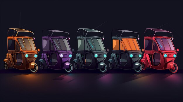 Illustration d'une flotte de rickshaws électriques futuristes à fond plat