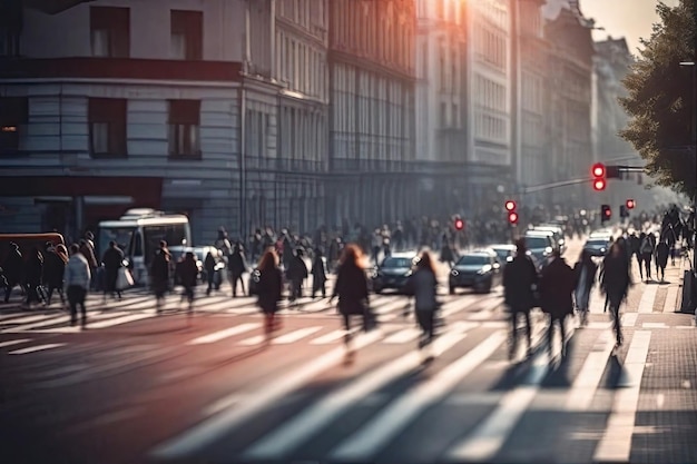 Une illustration floue d'une rue de la ville remplie de gens et de voitures