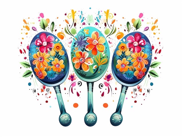 Illustration folklorique en aquarelle de maracas florales mexicaines pour un festival de musique sur fond blanc