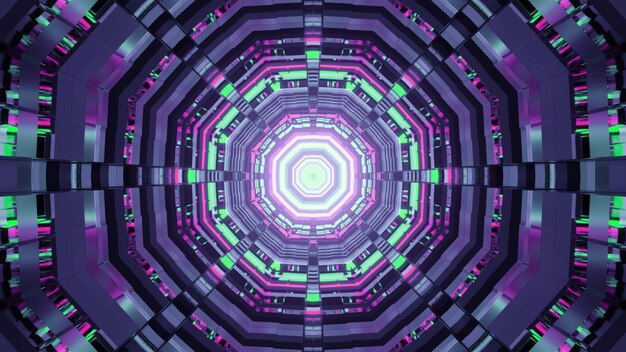 Illustration de fond abstrait de tunnel futuriste de forme ronde avec éclairage au néon violet et vert