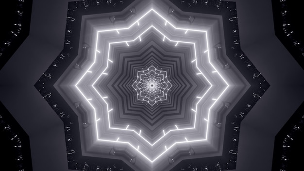 Illustration de fond abstrait de tunnel sans fin noir et blanc en forme d'étoile éclairée par la lumière au néon