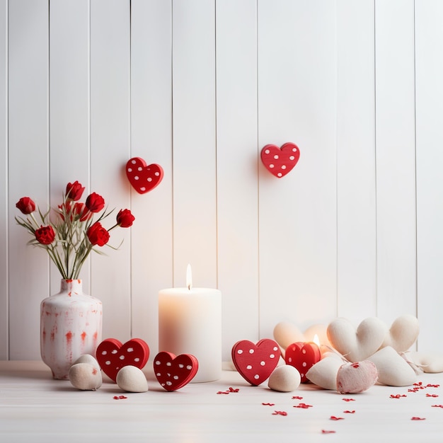 illustration de fond blanc en bois avec des cadeaux coeurs rouges