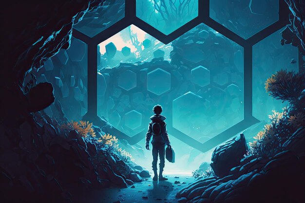 Illustration avec un fond bleu hexagonal