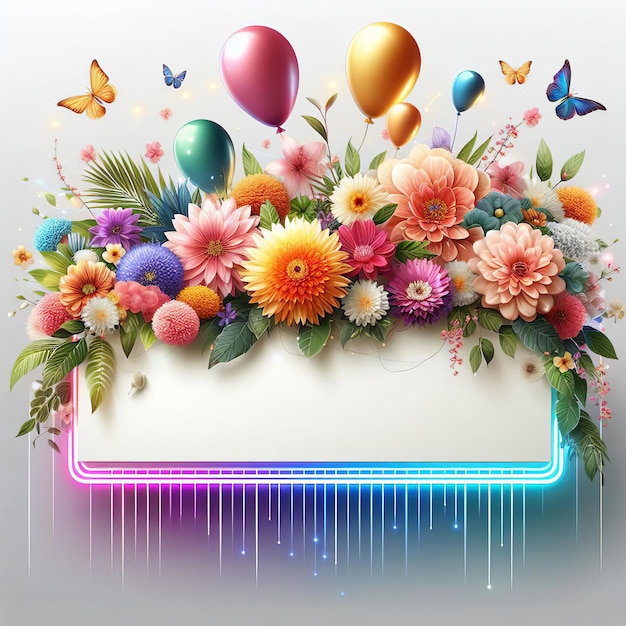 illustration d'un fond coloré avec des ballons et des rubans de fleurs