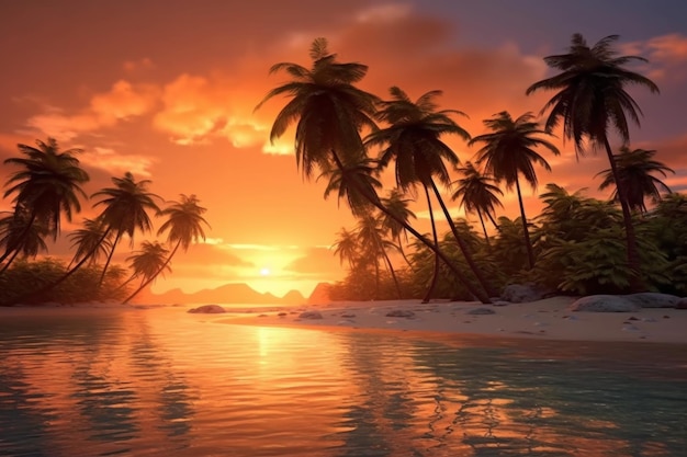 Illustration de fond coucher de soleil palmiers tropicaux AI GenerativexA