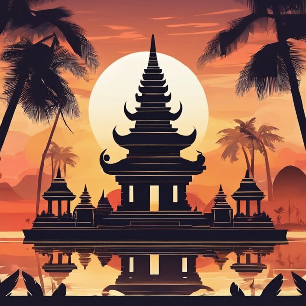 Illustration de fond du jour de Nyepi avec le temple au coucher du soleil