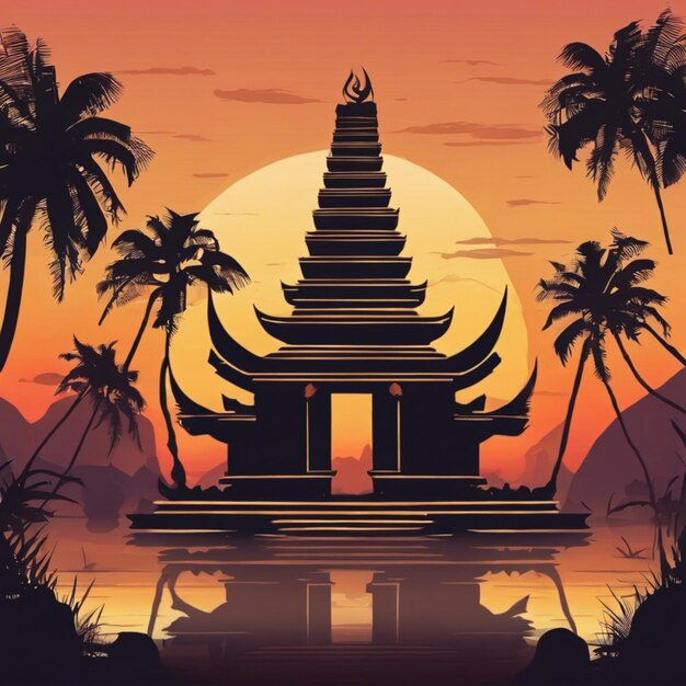 Illustration de fond du jour de Nyepi avec le temple au coucher du soleil