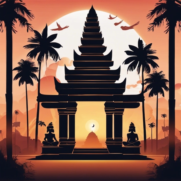 Illustration de fond du jour de Nyepi avec le temple au coucher du soleil