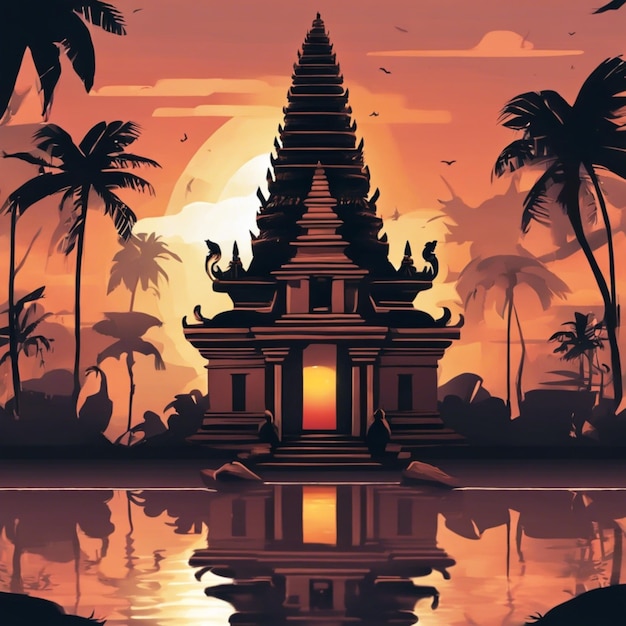 Illustration de fond du jour de Nyepi avec le temple au coucher du soleil