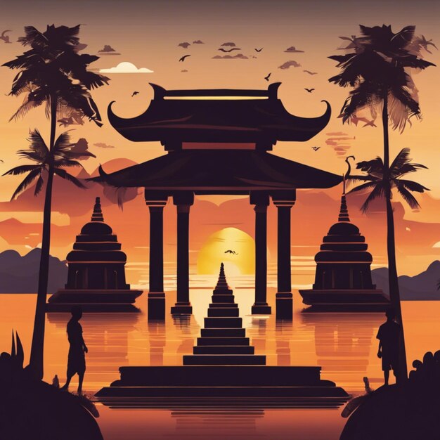 Illustration de fond du jour de Nyepi avec le temple au coucher du soleil