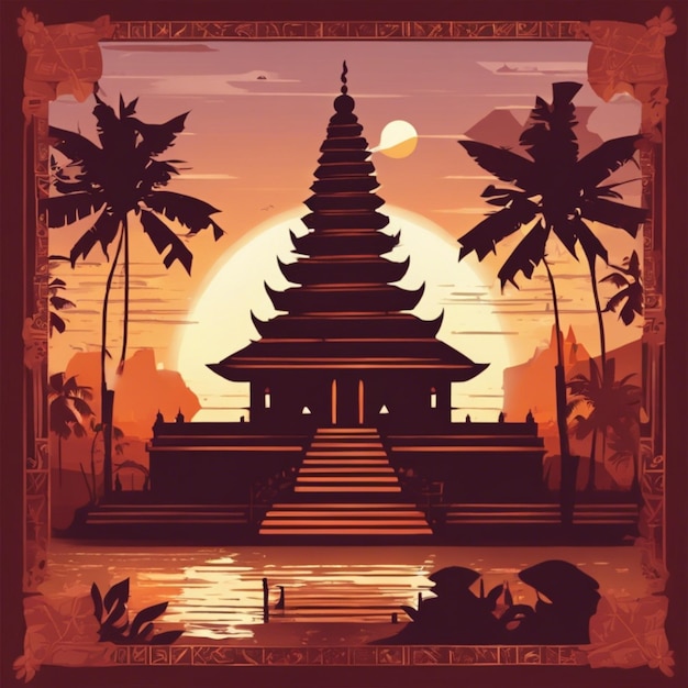 Illustration de fond du jour de Nyepi avec le temple au coucher du soleil