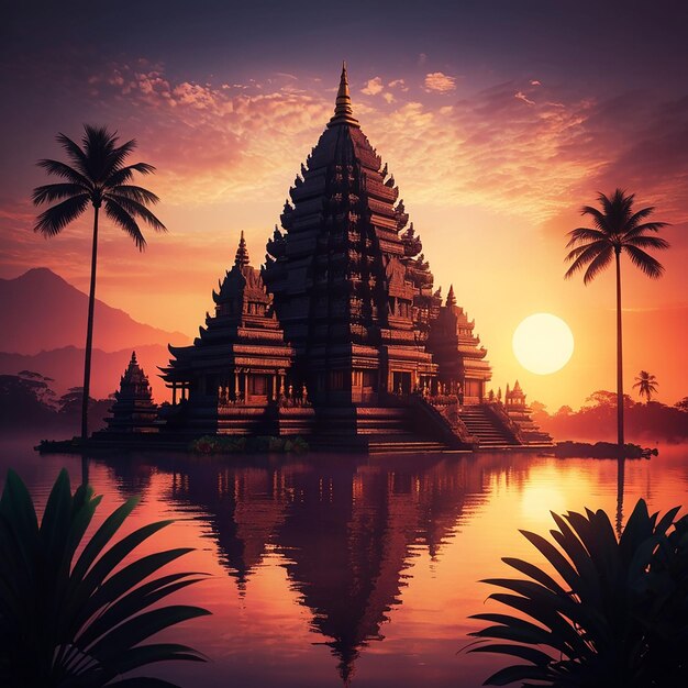 Illustration de fond du jour de silence de Nyepi avec le temple au coucher du soleil