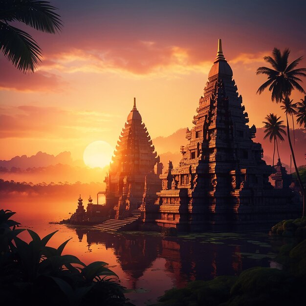 Illustration de fond du jour de silence de Nyepi avec le temple au coucher du soleil