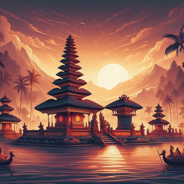 Photo illustration de fond du jour de silence de nyepi avec le temple au coucher du soleil