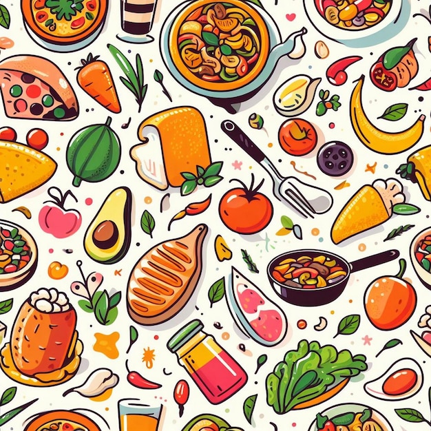 Illustration de fond du modèle alimentaire sans couture: tomates, fruits, légumes frais et sains naturels