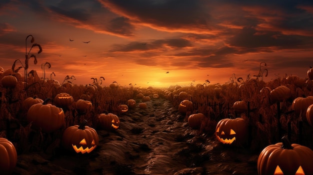 Photo illustration de fond d'halloween dans le champ de citrouille