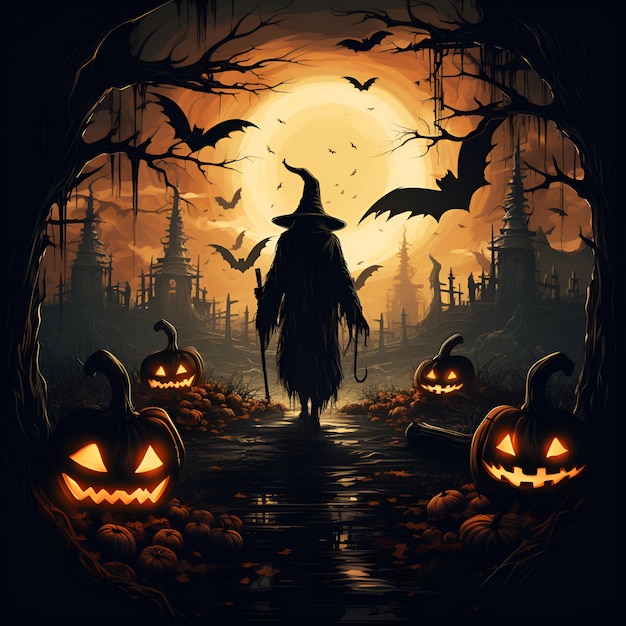 Illustration de fond d'Halloween avec thème fantasmagorique de sorcière et de citrouille AI générative